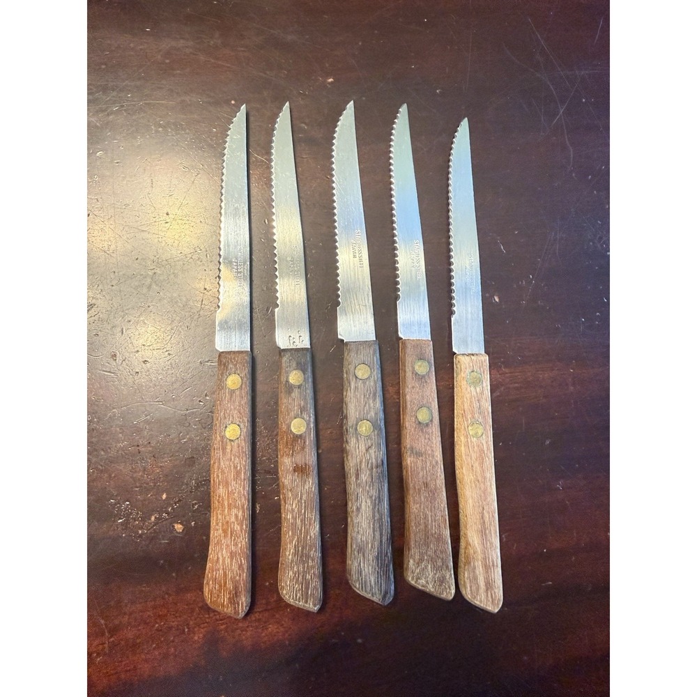 Lot Of 5 Vintage Stainless Steel Steak Knives With Wood Handles Japan - Picture 1 of 6